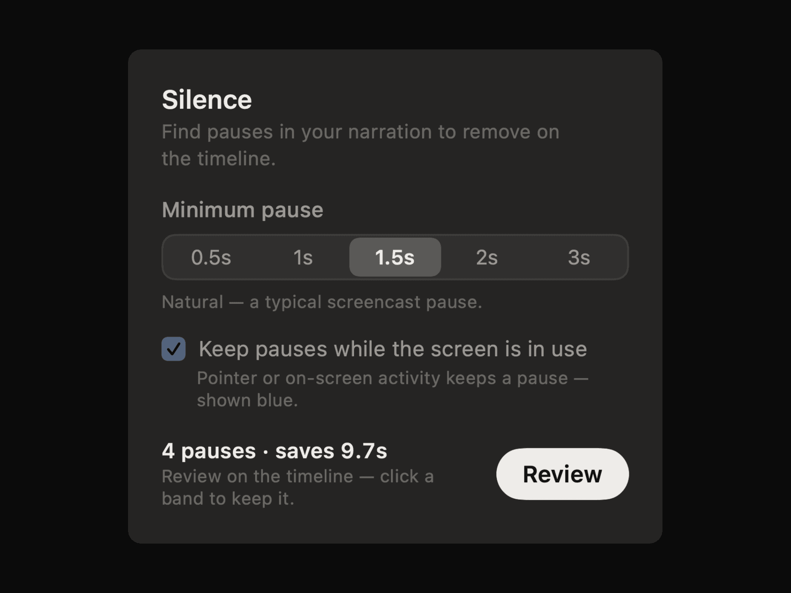The SlateCut silence panel: a minimum-pause control, a toggle that keeps pauses where the screen was in use, and a count of the pauses found