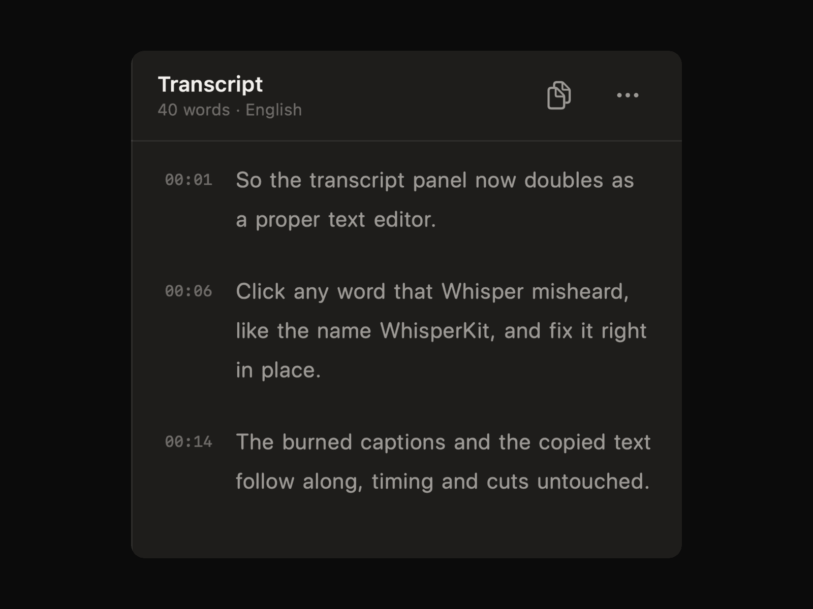 The SlateCut transcript panel, each line stamped with its timecode